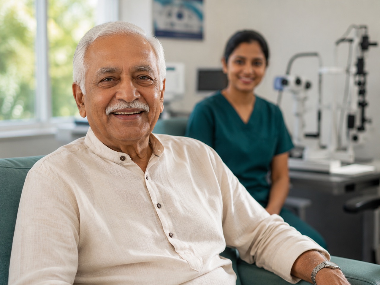 Smiling senior patient with a nurse after cataract surgery