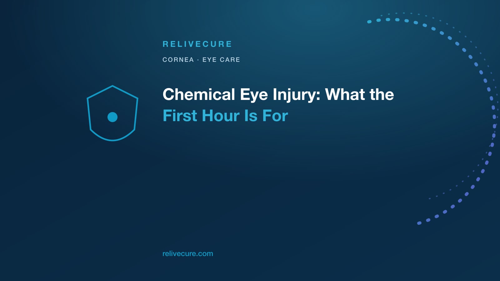 ReliveCure navy-and-cyan editorial still: Chemical Eye Injury: What the First Hour Is For