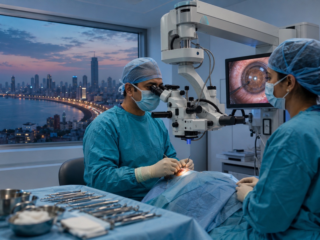 Eye surgeon performing LASIK in a Mumbai clinic with the city skyline