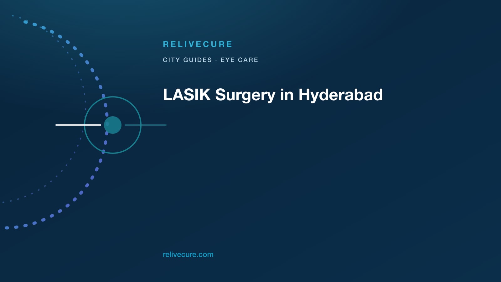 ReliveCure navy-and-cyan editorial still: LASIK Surgery in Hyderabad: A Cornea Map After Late Coding Nights