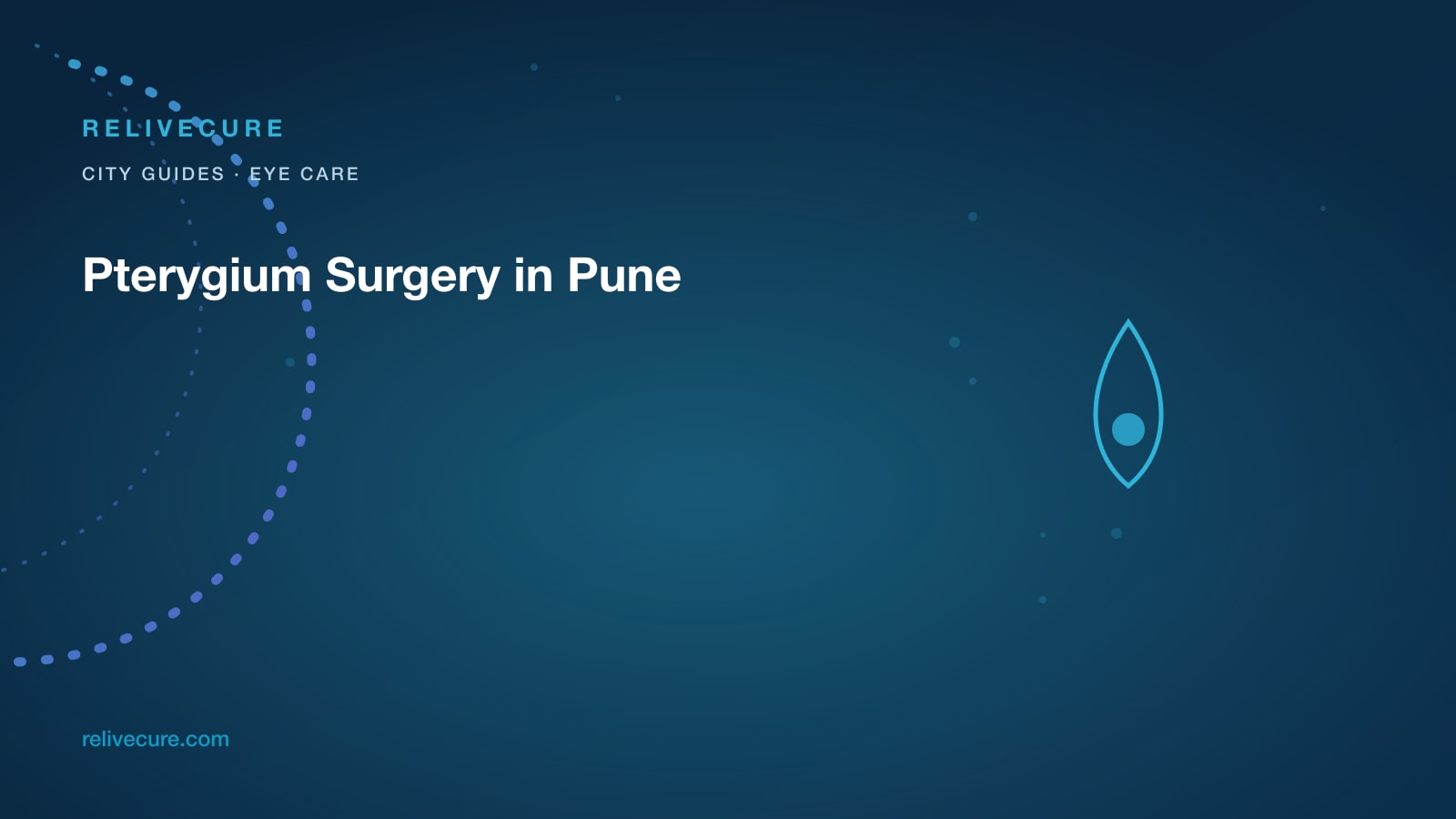 ReliveCure navy-and-cyan editorial still: Pterygium Surgery in Pune: Dry Sun, Dust, Then Measure the Head
